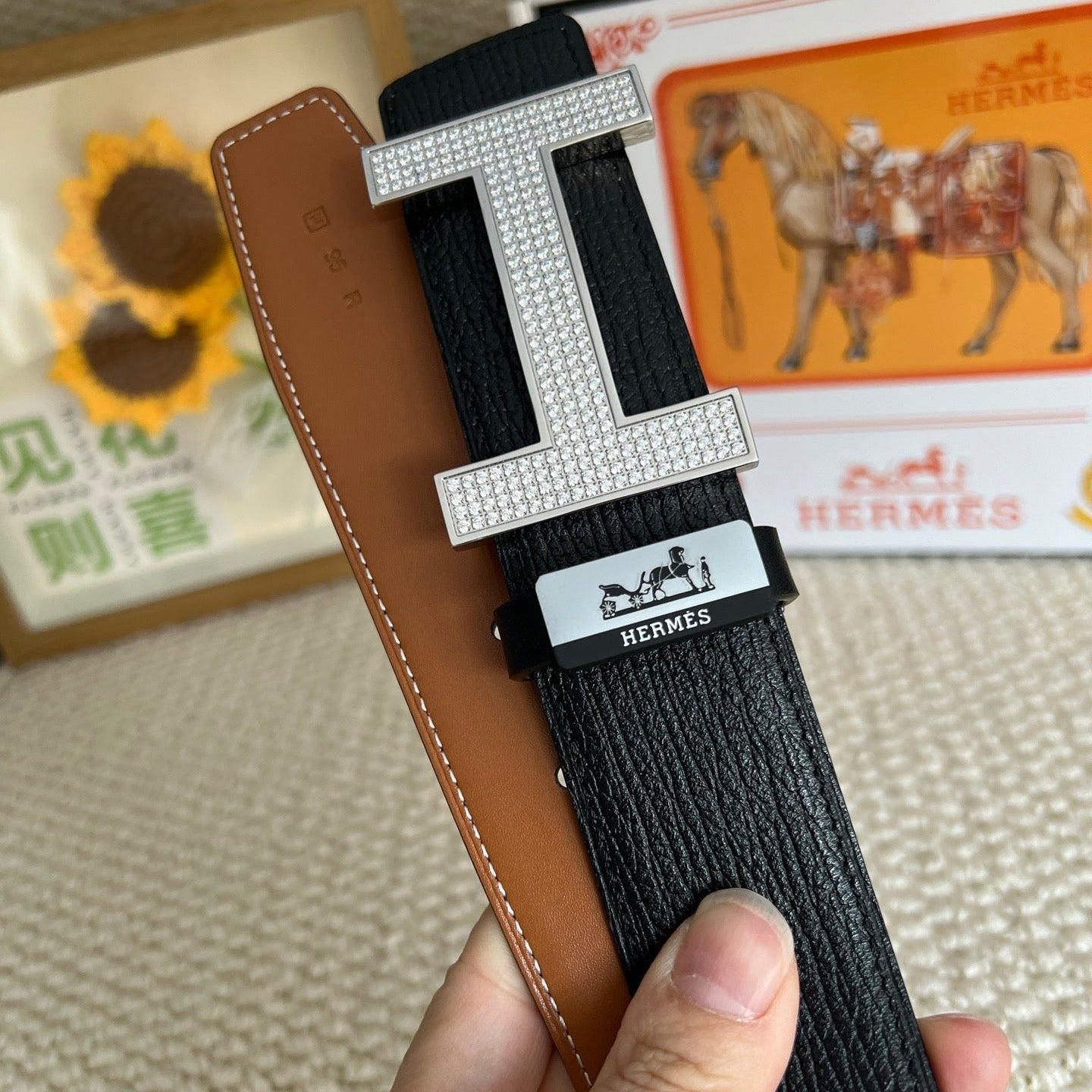 HM Belt 38mm Black Brown Cowhide Sliver Diamond Buckle 618967