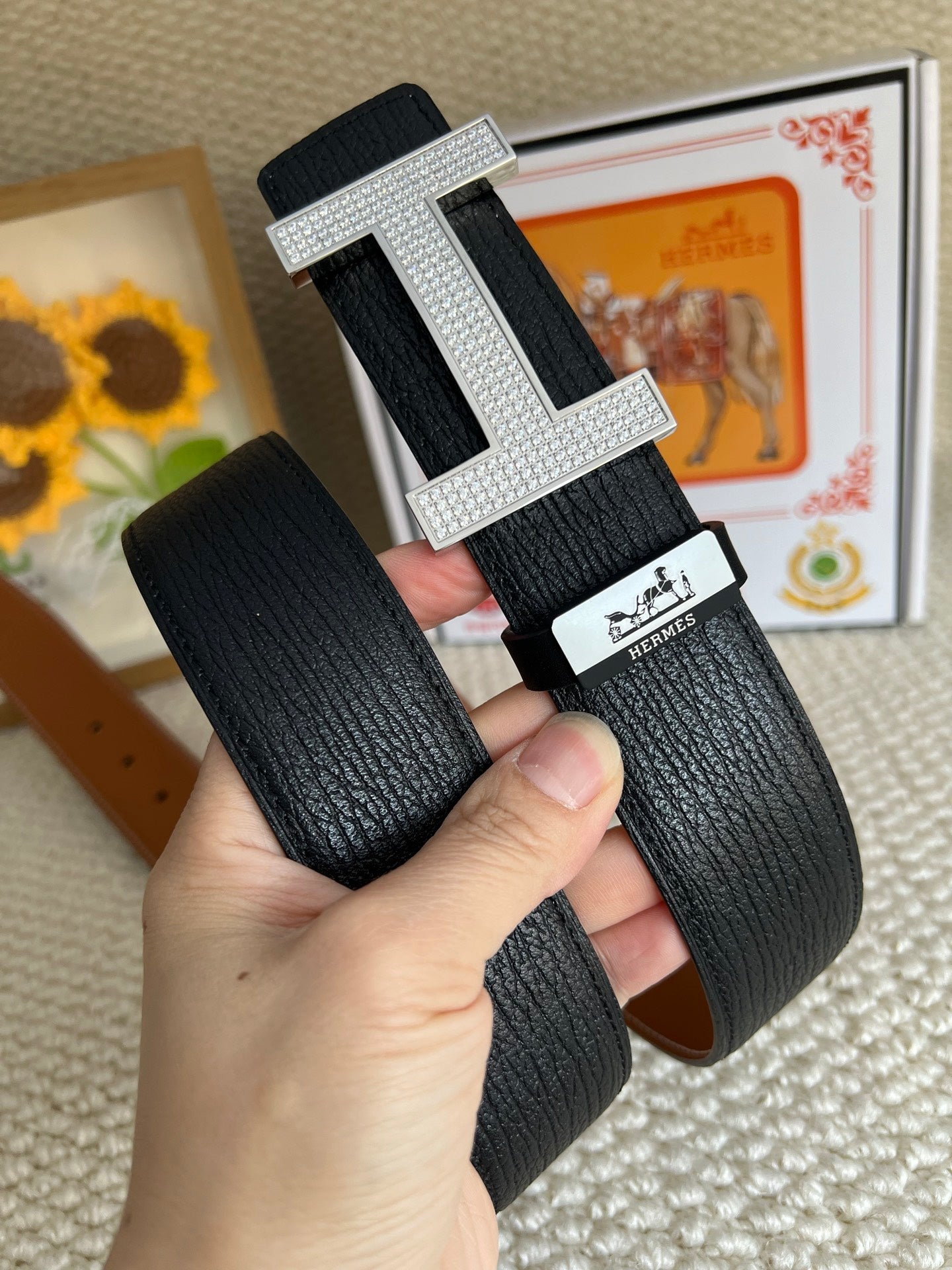 HM Belt 38mm Black Brown Cowhide Sliver Diamond Buckle 618967