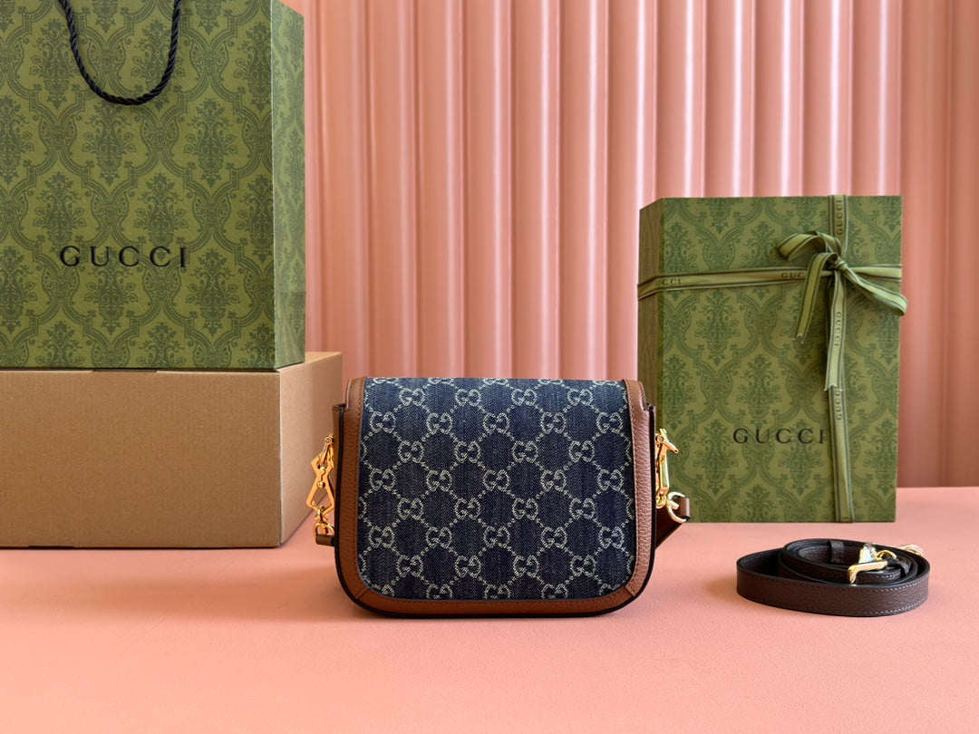 Gucci Horsebit Bag Blue mix Brown Leather Canvas 244253