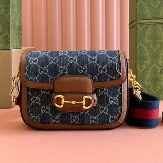 Gucci Horsebit Bag Blue mix Brown Leather Canvas 244253