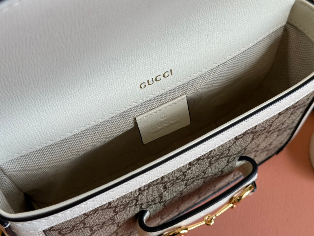 Gucci Horsebit Bag Ebony mix White Leather Canvas 244256