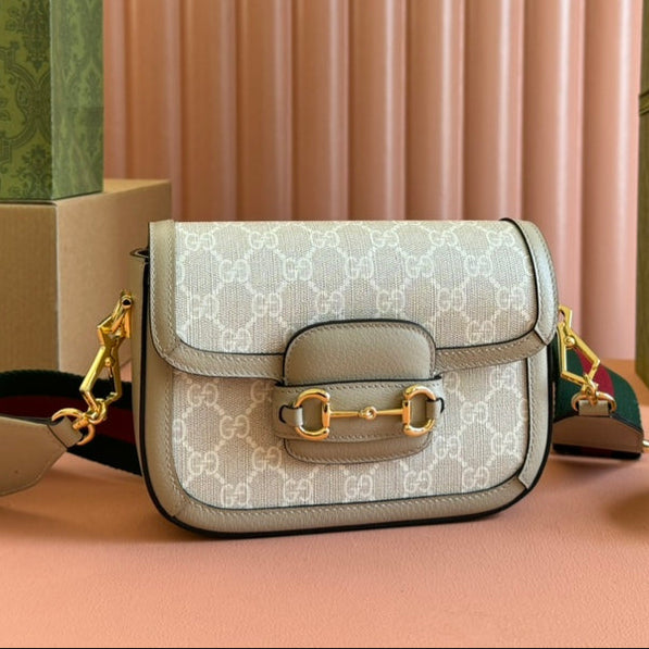 Gucci Horsebit 20.5 Bag Beige mix White Leather Canvas 244257