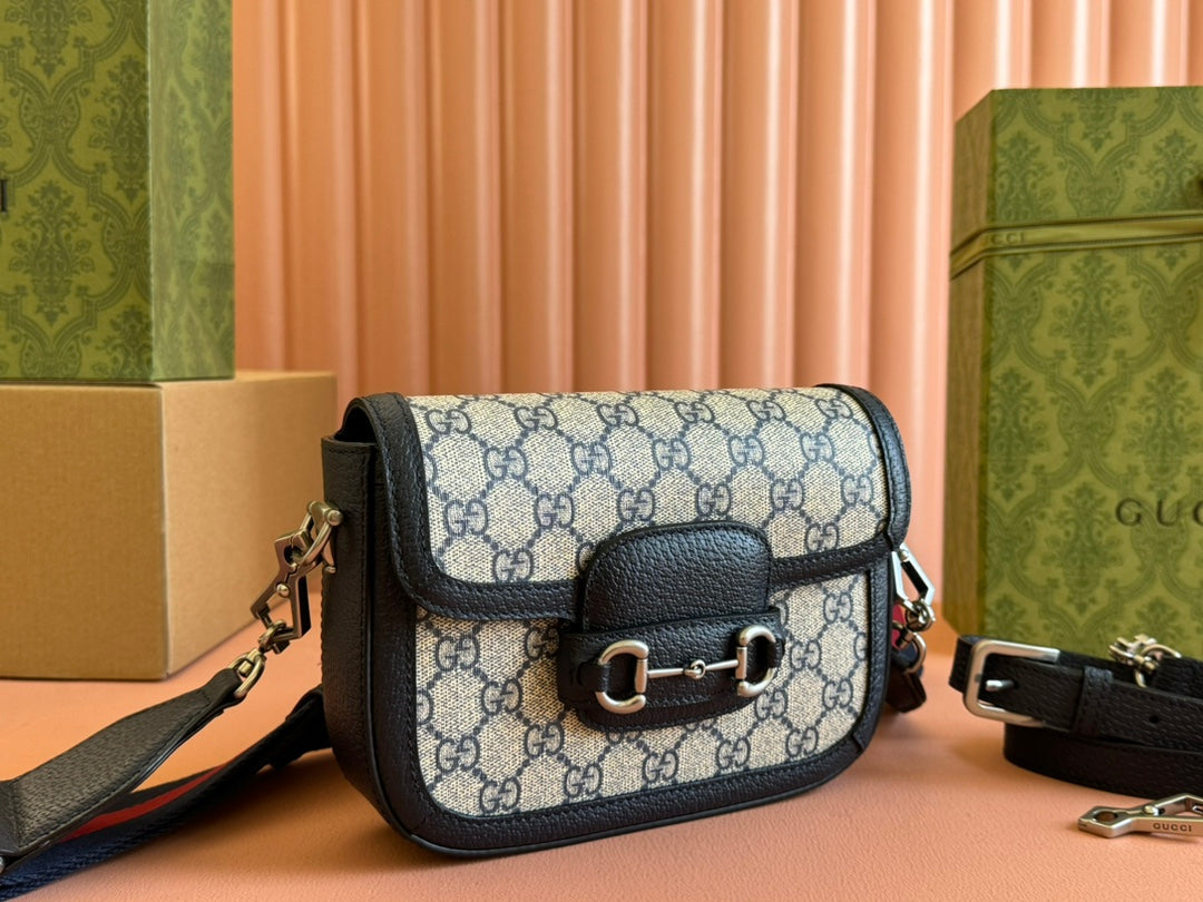 Gucci Horsebit Bag Ebony Blue Black  Leather Canvas 244258