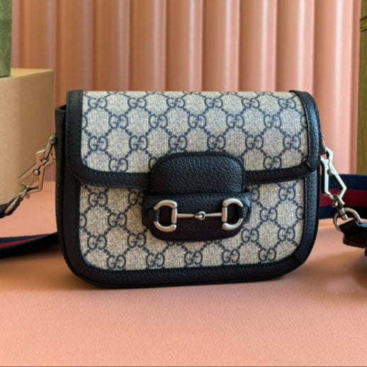 Gucci Horsebit Bag Ebony Blue Black  Leather Canvas 244258