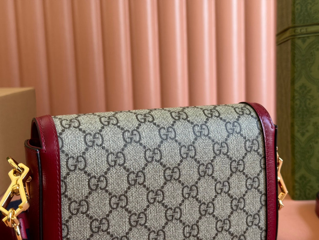 Gucci Horsebit Bag Ebony mix Rosso Ancora Red  Leather Canvas 244259