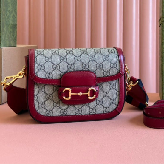 Gucci Horsebit Bag Ebony mix Rosso Ancora Red  Leather Canvas 244259