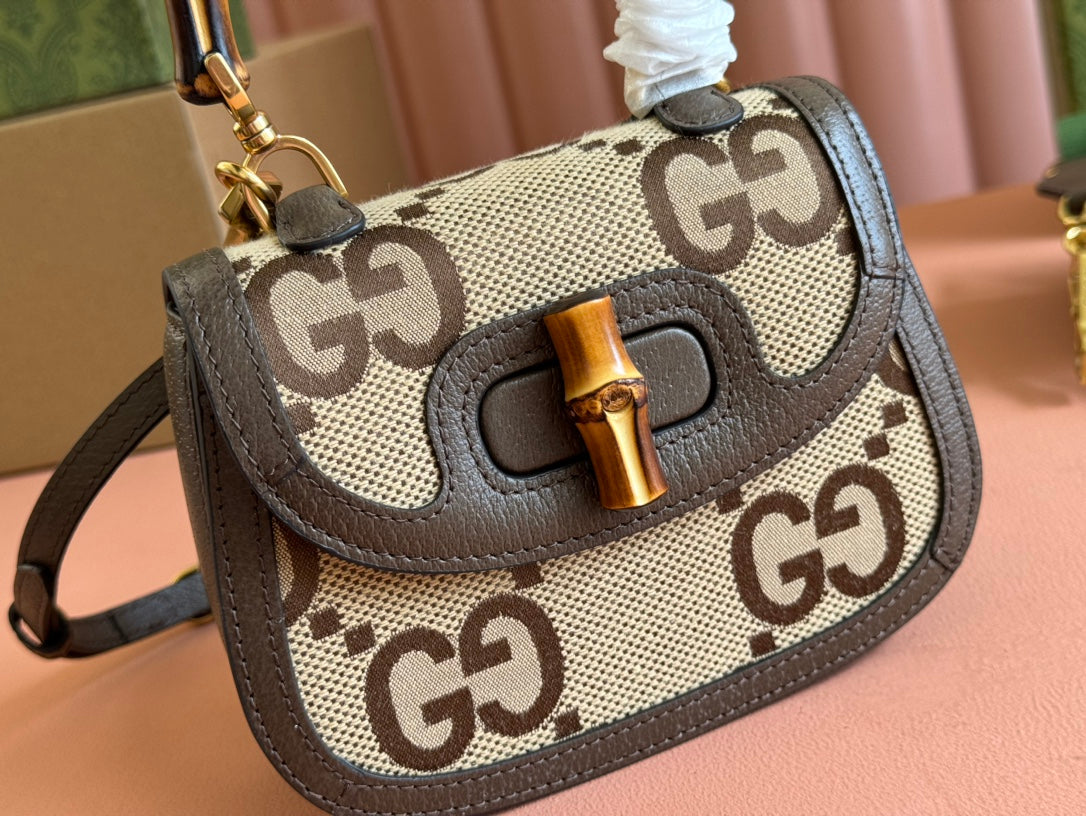 Gucci Bamboo Bag 17cm Brown mix Beige Canvas Leather 248506