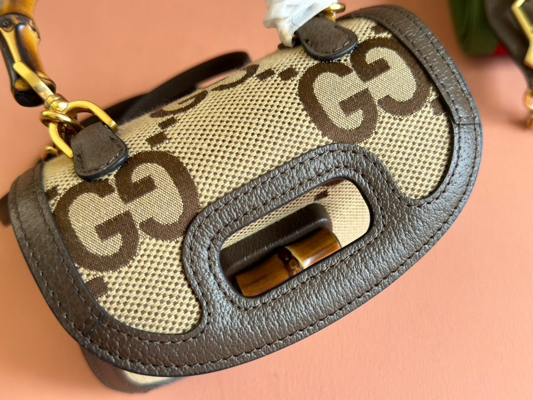 Gucci Bamboo Bag 17cm Brown mix Beige Canvas Leather 248506
