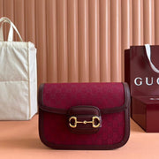 HORSEBIT 1955 SHOULDER BAG 25 IN WINE RED CANVAS AND CALFSKIN GOLD HARDWARE