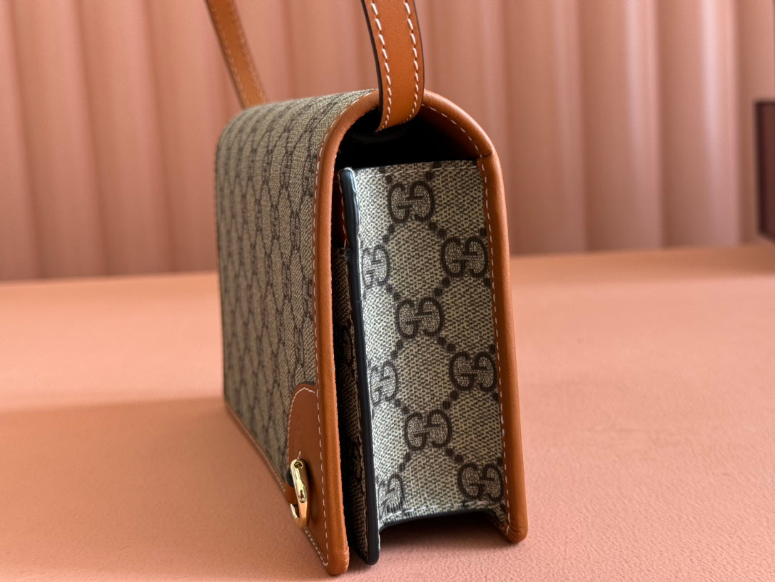 Gucci Emblem Mini Shoulder Bag Beige Brown Canvas Leather 244486