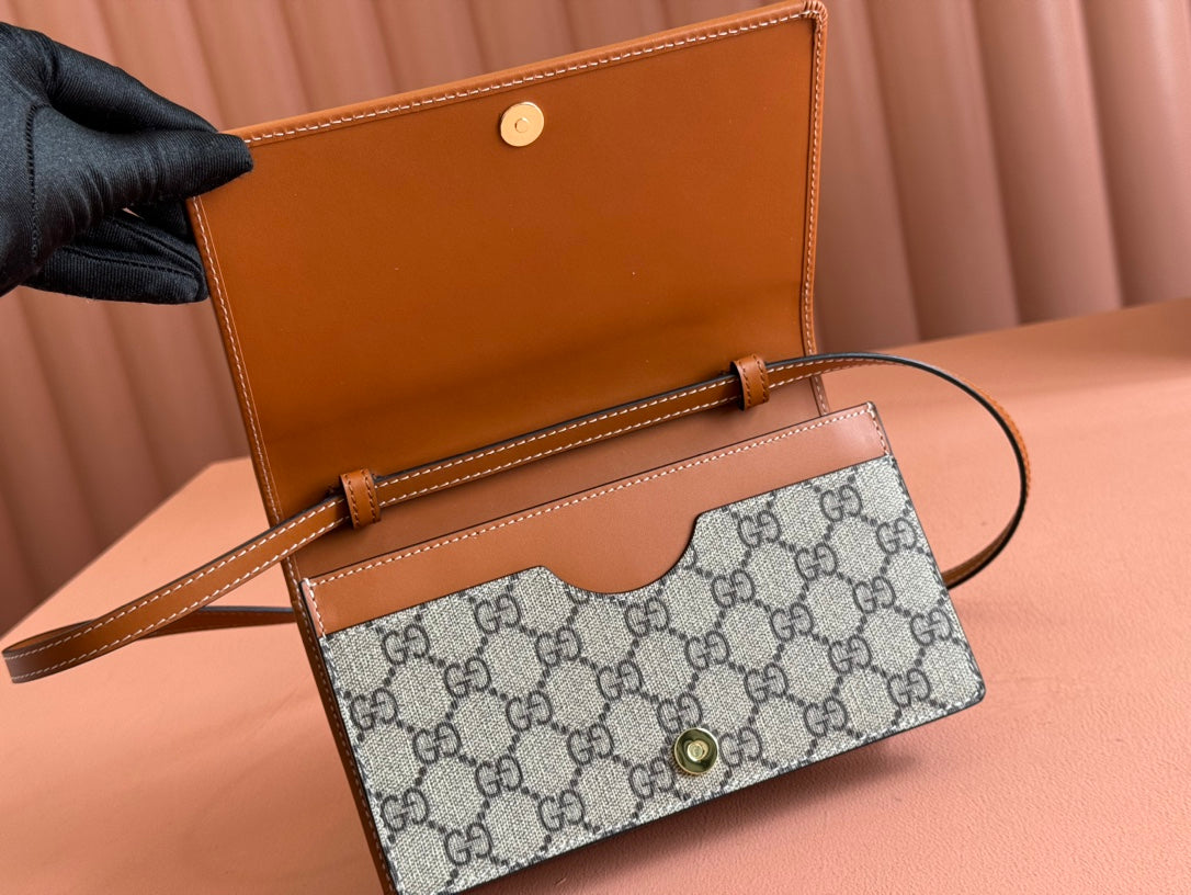 Gucci Emblem Mini Shoulder Bag Beige Brown Canvas Leather 244486