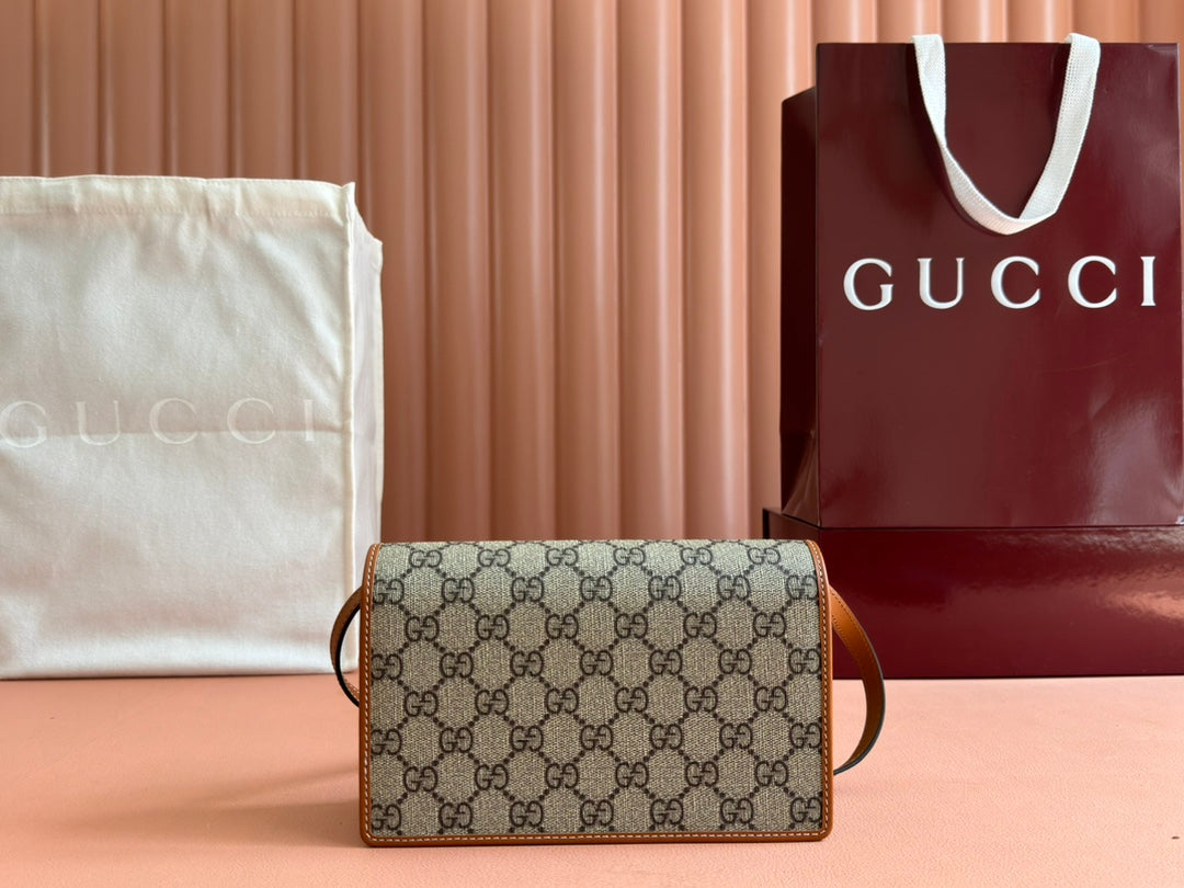 Gucci Emblem Mini Shoulder Bag Beige Brown Canvas Leather 244486