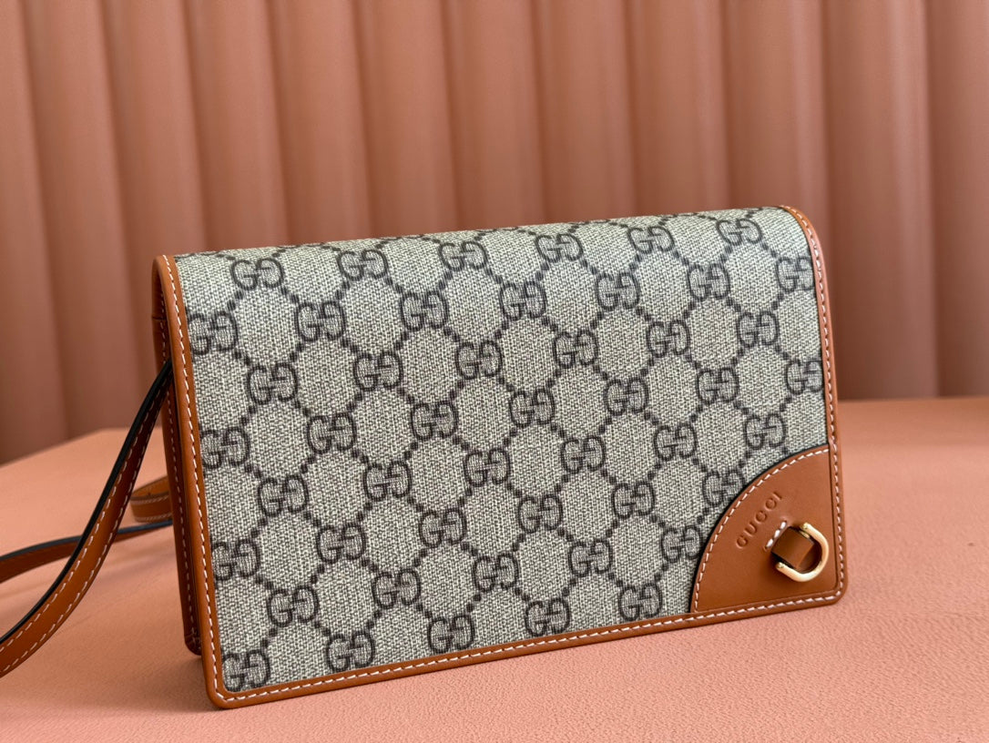 Gucci Emblem Mini Shoulder Bag Beige Brown Canvas Leather 244486