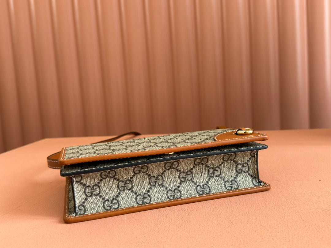 Gucci Emblem Mini Shoulder Bag Beige Brown Canvas Leather 244486