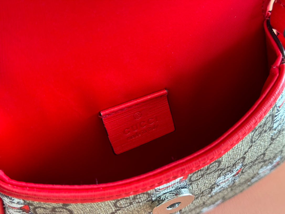 Gucci Cat Print Shoulder Bag White Red Beige Canvas 239660