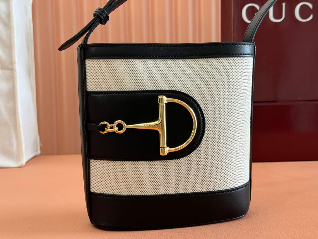Gucci 73 Mini Bucket Bag Black White Leather Canvas 239679