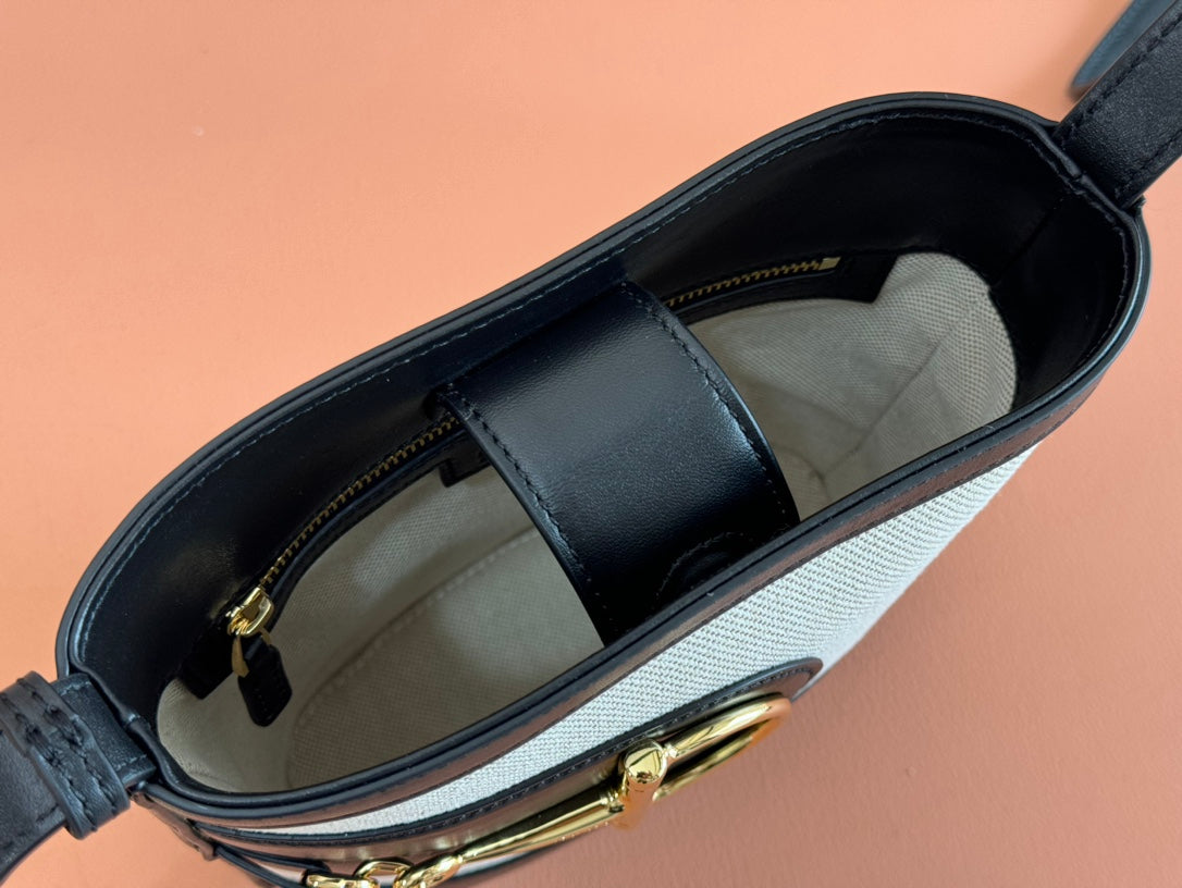 Gucci 73 Mini Bucket Bag Black White Leather Canvas 239679