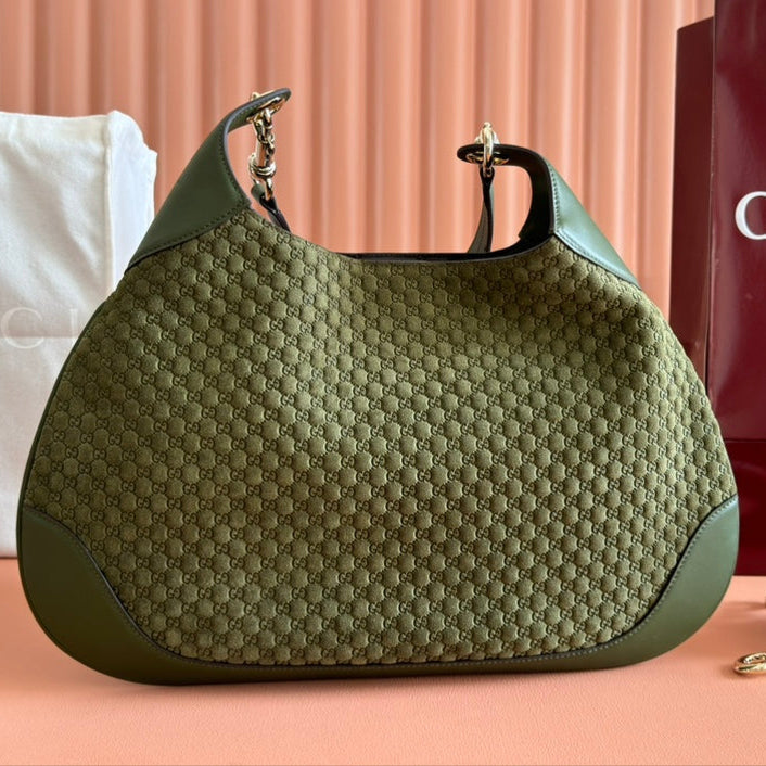 Gucci Body Double Lock Handbag Green Velvet Embossed Leather 244511