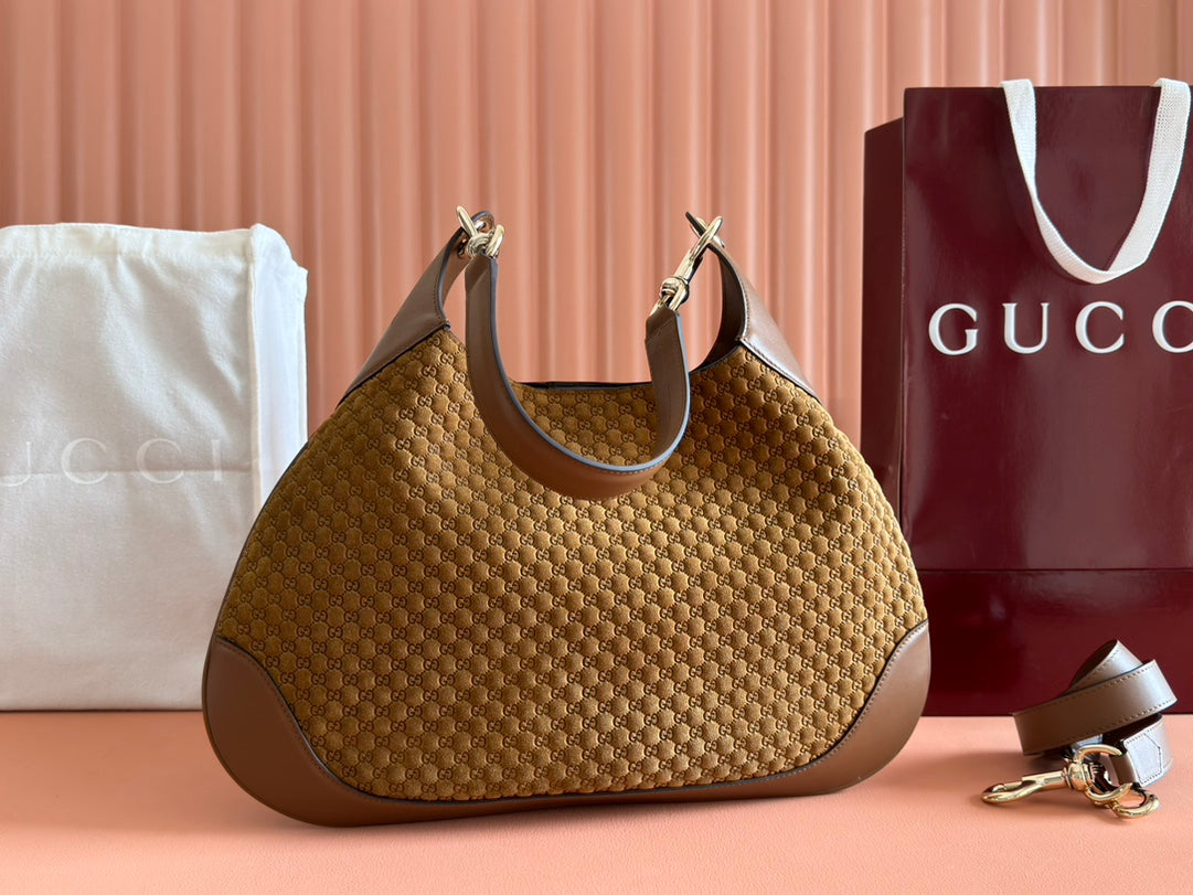 Gucci Body Double Lock Handbag Brown Velvet Embossed Leather 244512