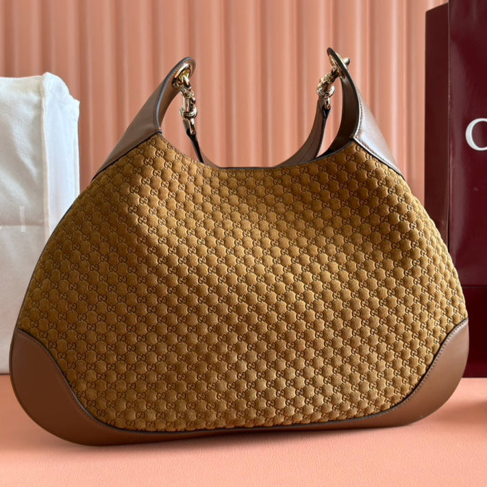 Gucci Body Double Lock Handbag Brown Velvet Embossed Leather 244512