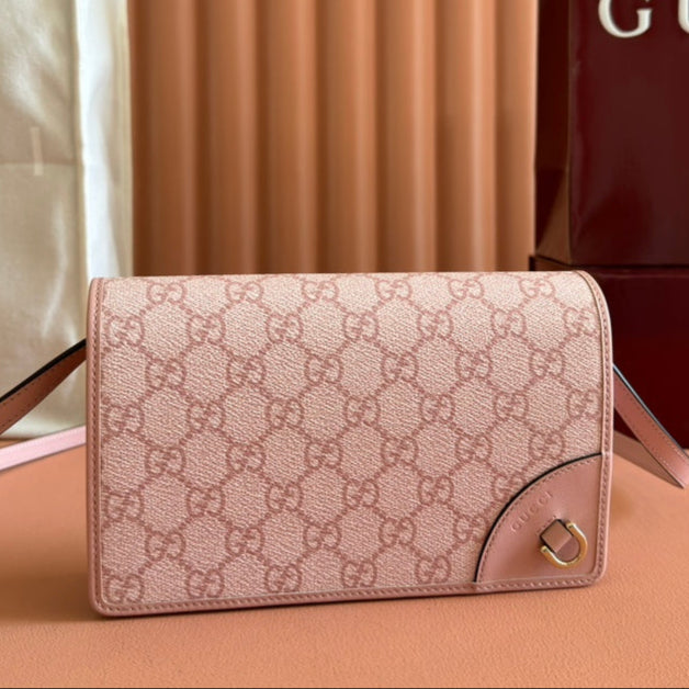 Gucci Emblem Mini Shoulder Bag Pink Canvas Leather 244541