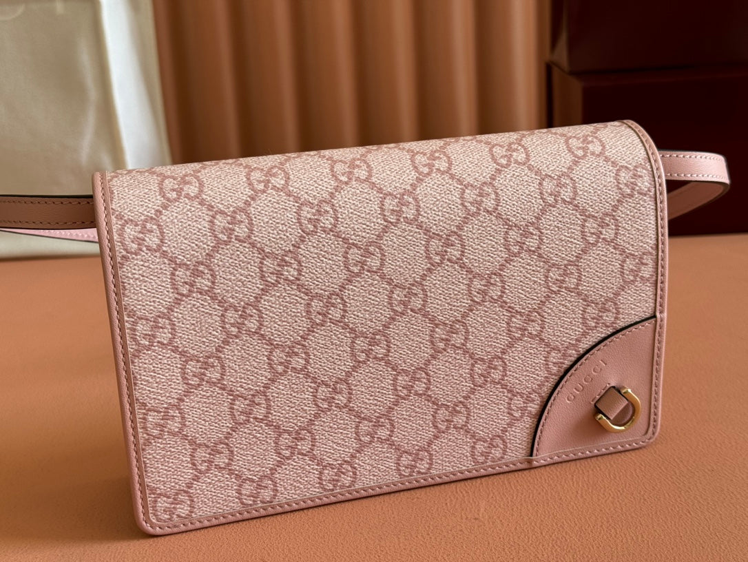 Gucci Emblem Mini Shoulder Bag Pink Canvas Leather 244541