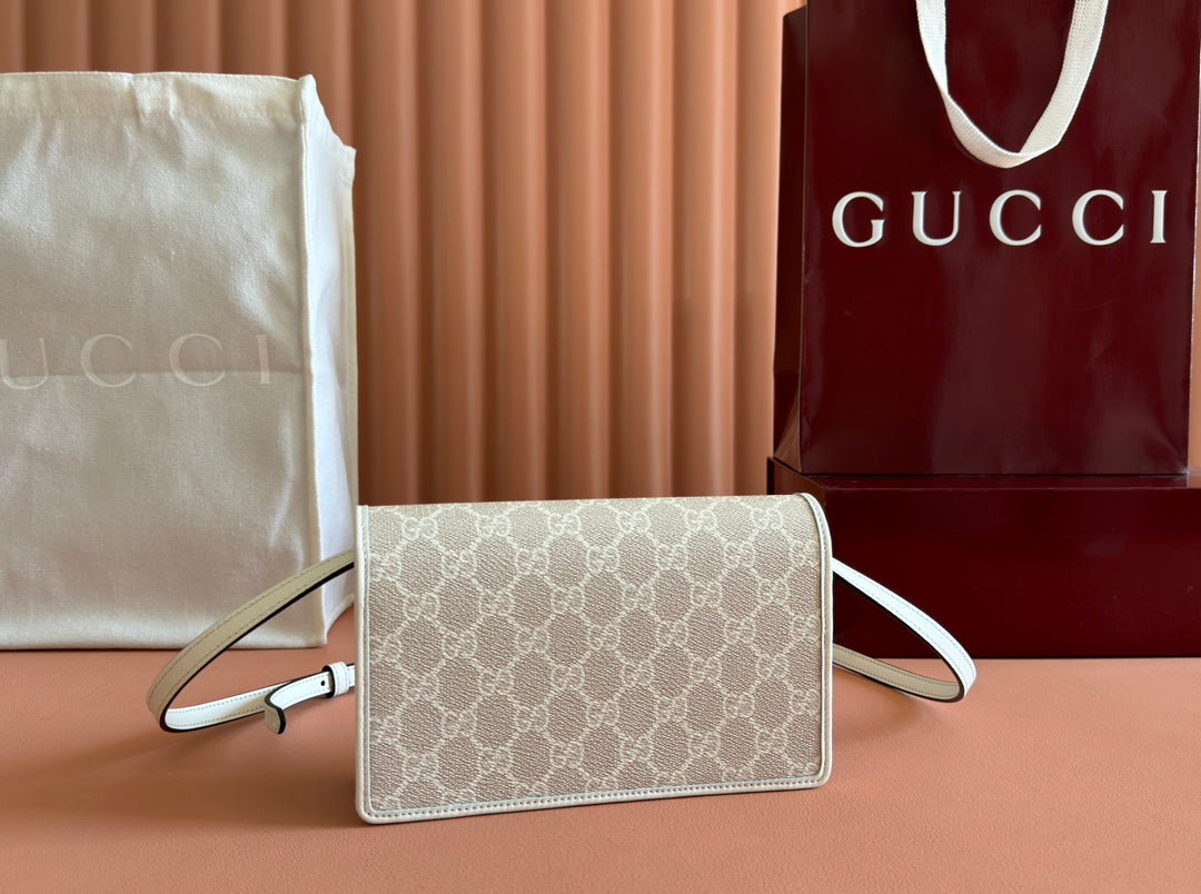 Gucci Emblem Mini Shoulder Bag Beige Canvas Leather 244542