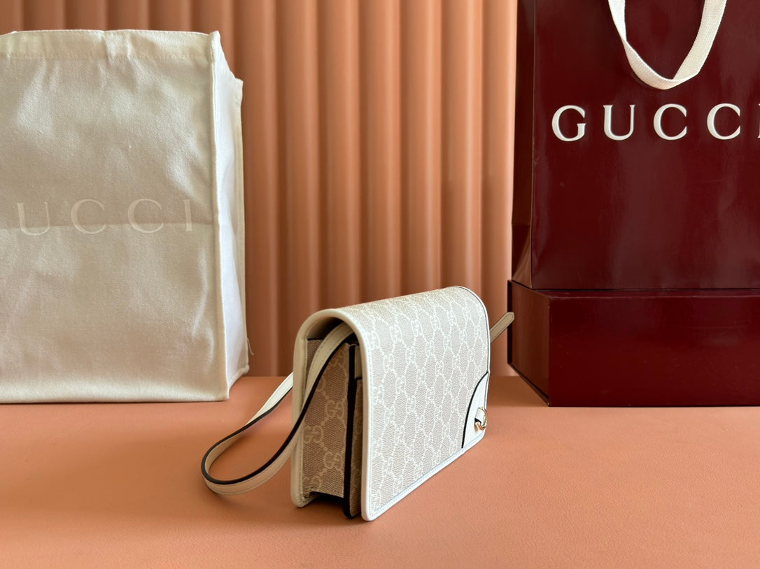 Gucci Emblem Mini Shoulder Bag Beige Canvas Leather 244542