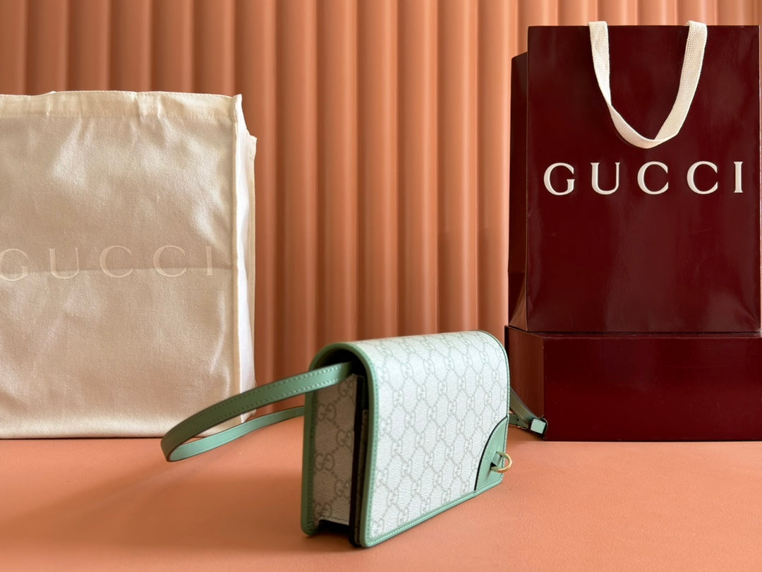 Gucci Emblem Mini Shoulder Bag Beige Green Canvas Leather 244543