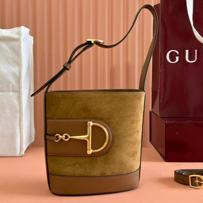 Gucci 73 Mini 20cm Bucket Bag Brown Suede Leather 244448