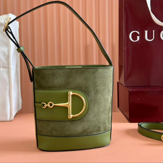 Gucci 73 Mini 20cm Bucket Bag Green Suede Leather 244449