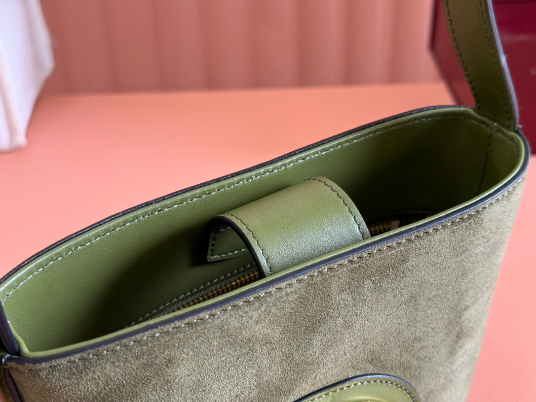 Gucci 73 Mini 20cm Bucket Bag Green Suede Leather 244449