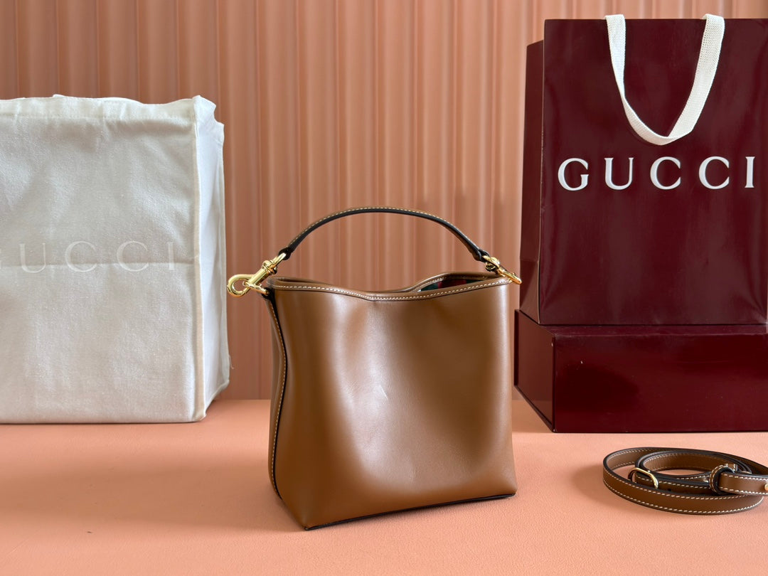 Gucci Emblem Mini Bucket Bag Brown Calfskin 244426