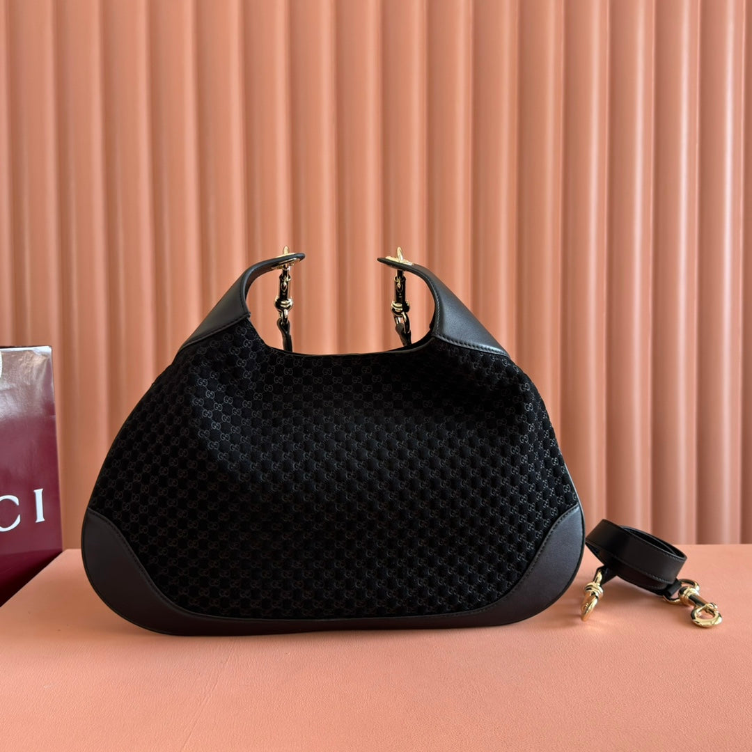 Gucci Body Double Lock Handbag Black Velvet Embossed Leather 248133