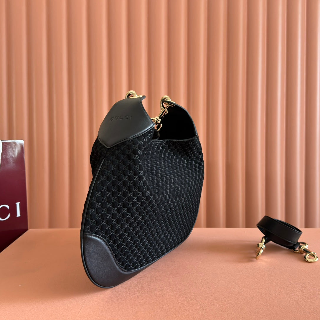 Gucci Body Double Lock Handbag Black Velvet Embossed Leather 248133