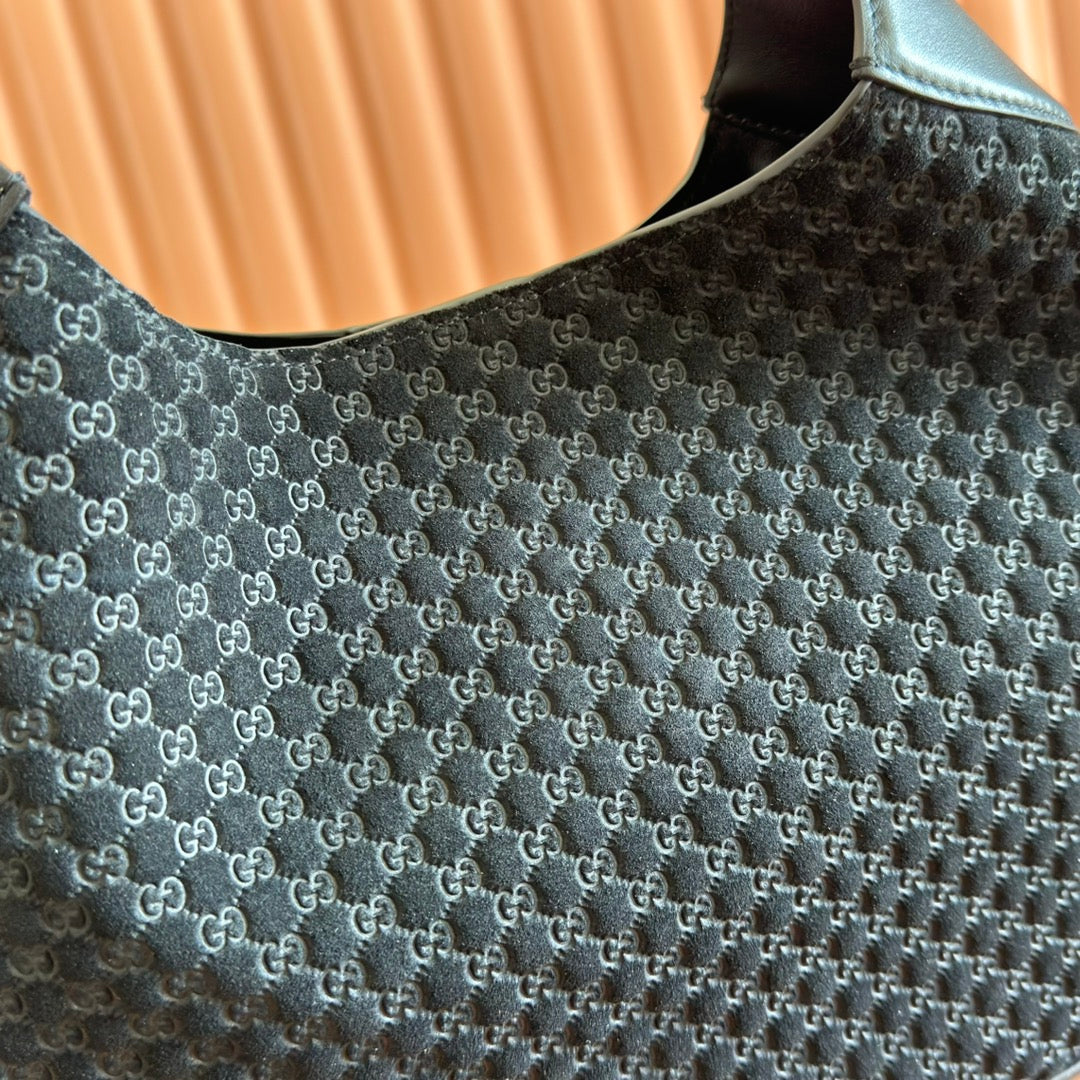 Gucci Body Double Lock Handbag Black Velvet Embossed Leather 248133