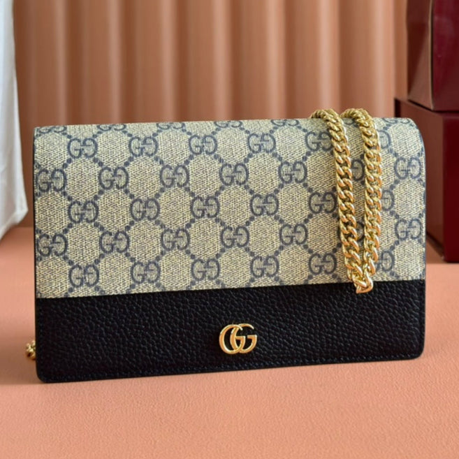 Gucci Marmont Chain Wallet Ebony Blue Black Leather Canvas 255317