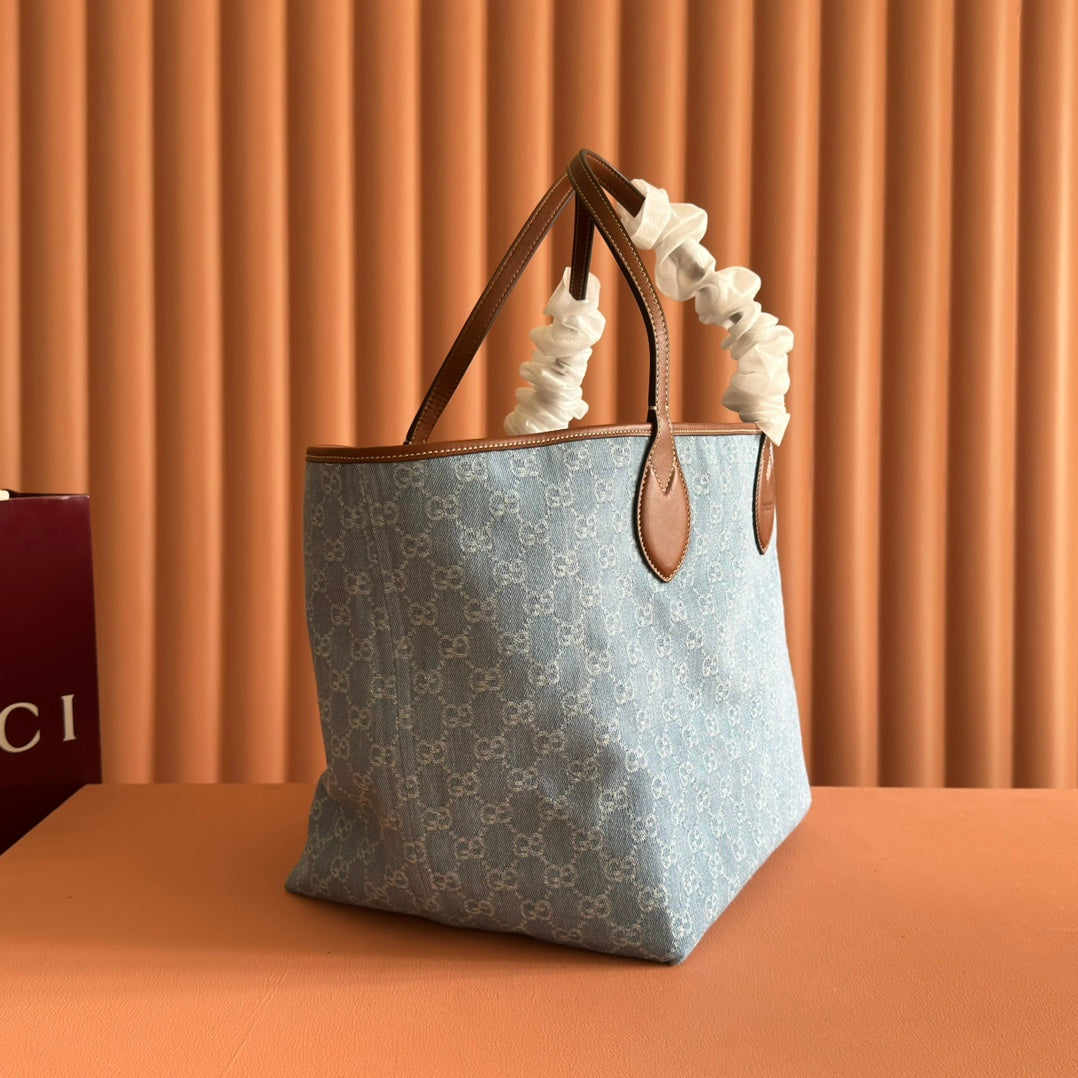 Gucci Totissima Tote Bag Blue White Denim Leather 257930