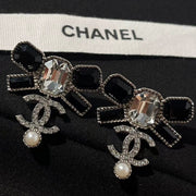 Chanel Black Diamond Square Diamond Panda Two-Tone Double C Pearl Stud Earrings