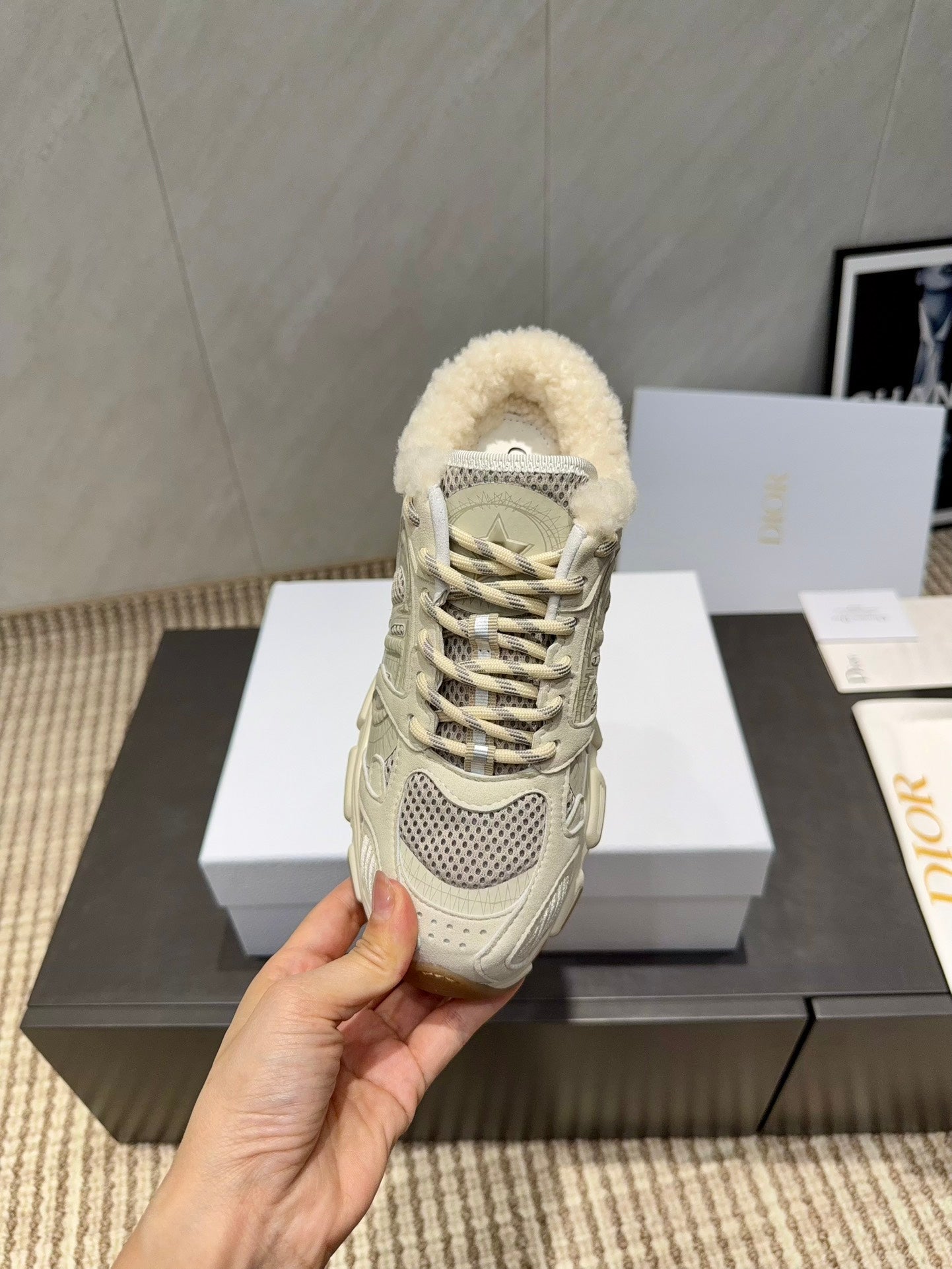 CD platform casual sneaker cream wool suede mesh 539683