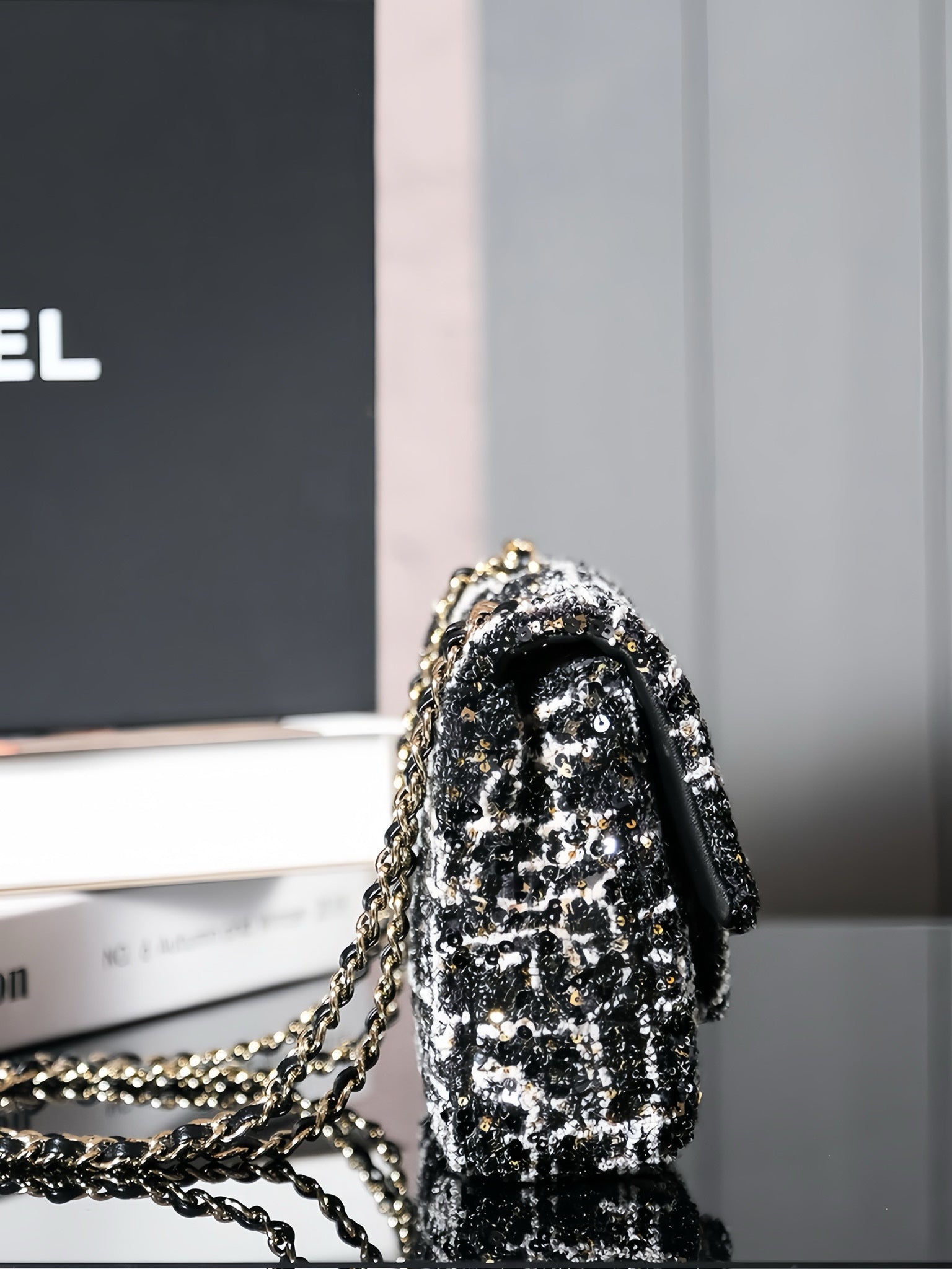 24S Flap Bag 20cm Black White Sequin Calfskin