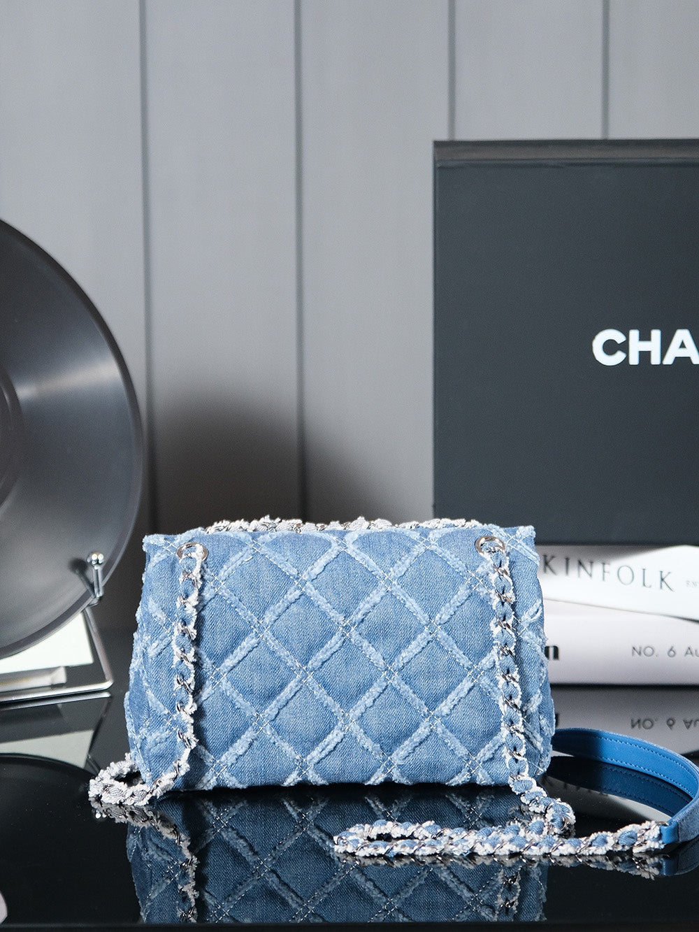 24S Flap Bag 20cm Blue Quilted Denim