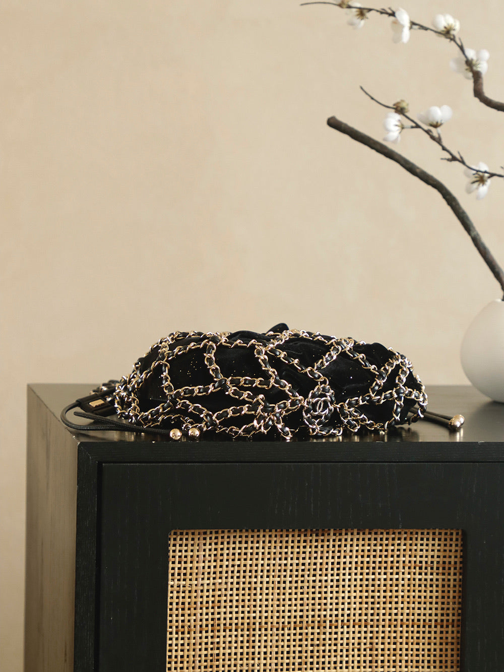 Chanel 2026 Chain Net Bag 42cm Black Gold Metal Velvet