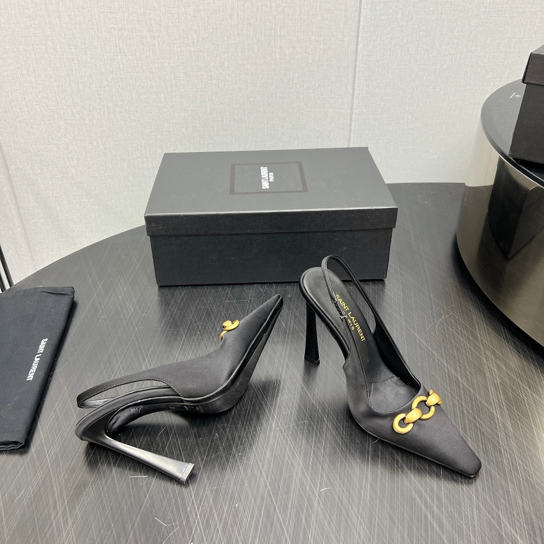 GOLD CHAIN ATTACHED HIGH SLINGBACK IN BLACK SILK