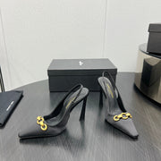GOLD CHAIN ATTACHED HIGH SLINGBACK IN BLACK SILK