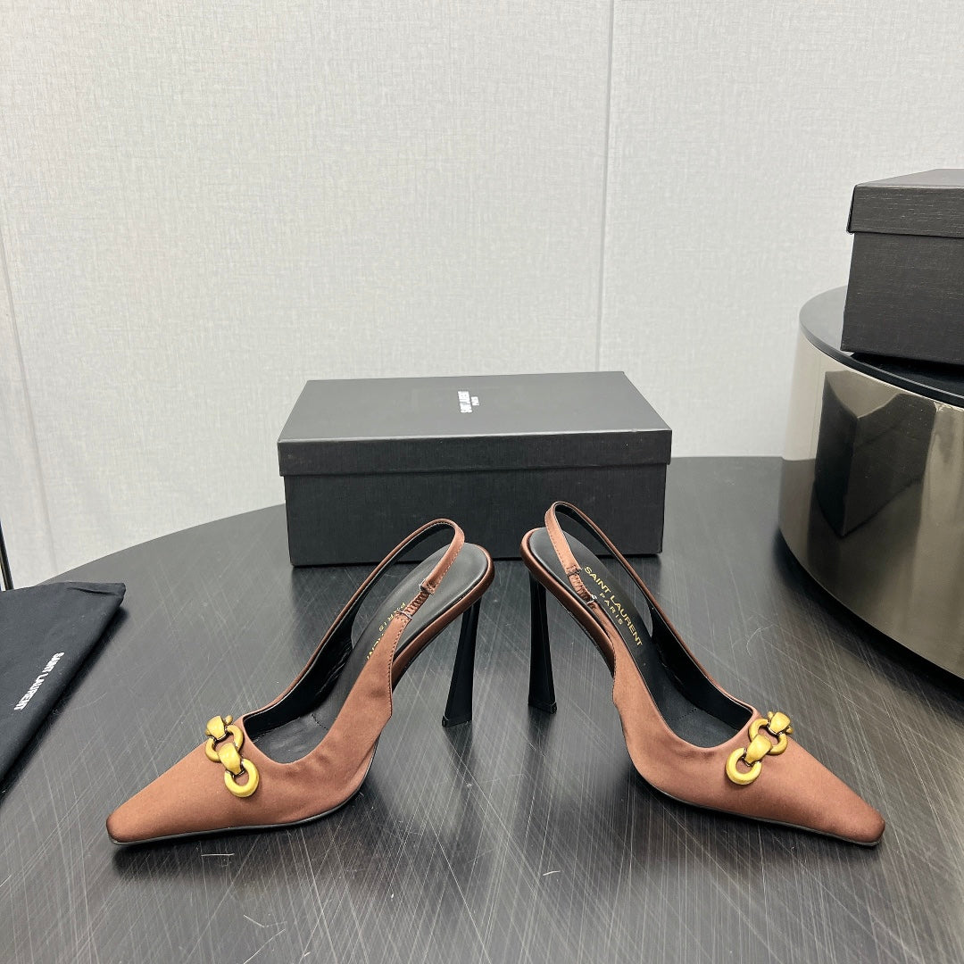 GOLD CHAIN ATTACHED HIGH SLINGBACK IN TOFFEE BROWN SILK