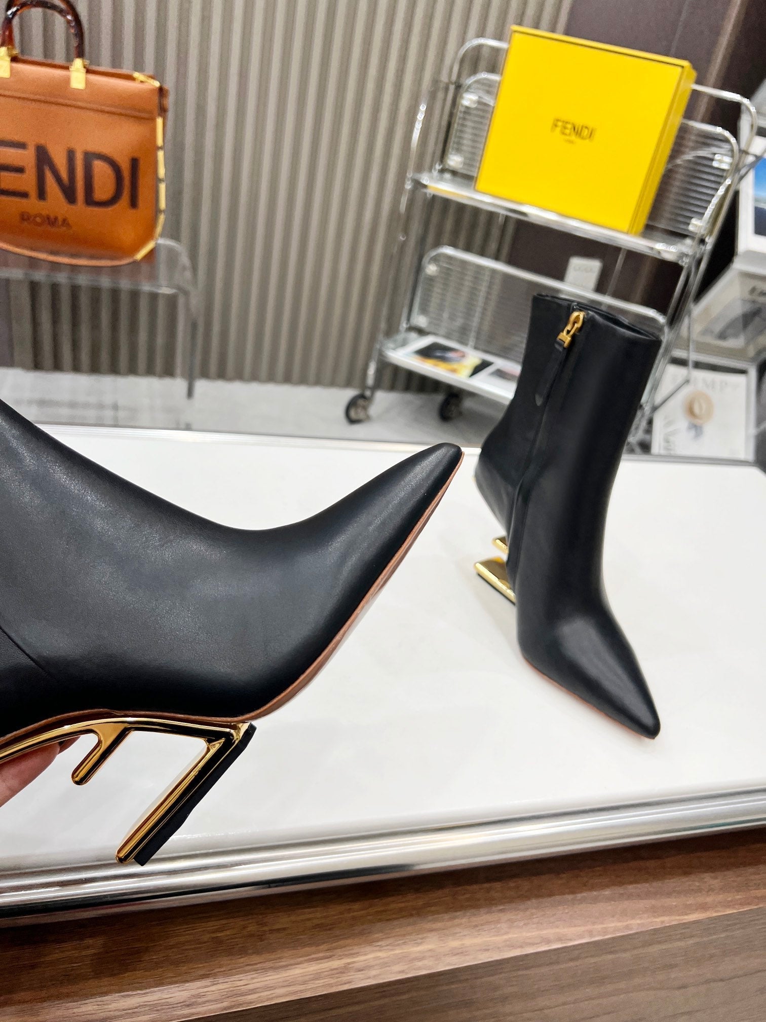 FENDI First Wedge Boots Black Sheepskin 521226