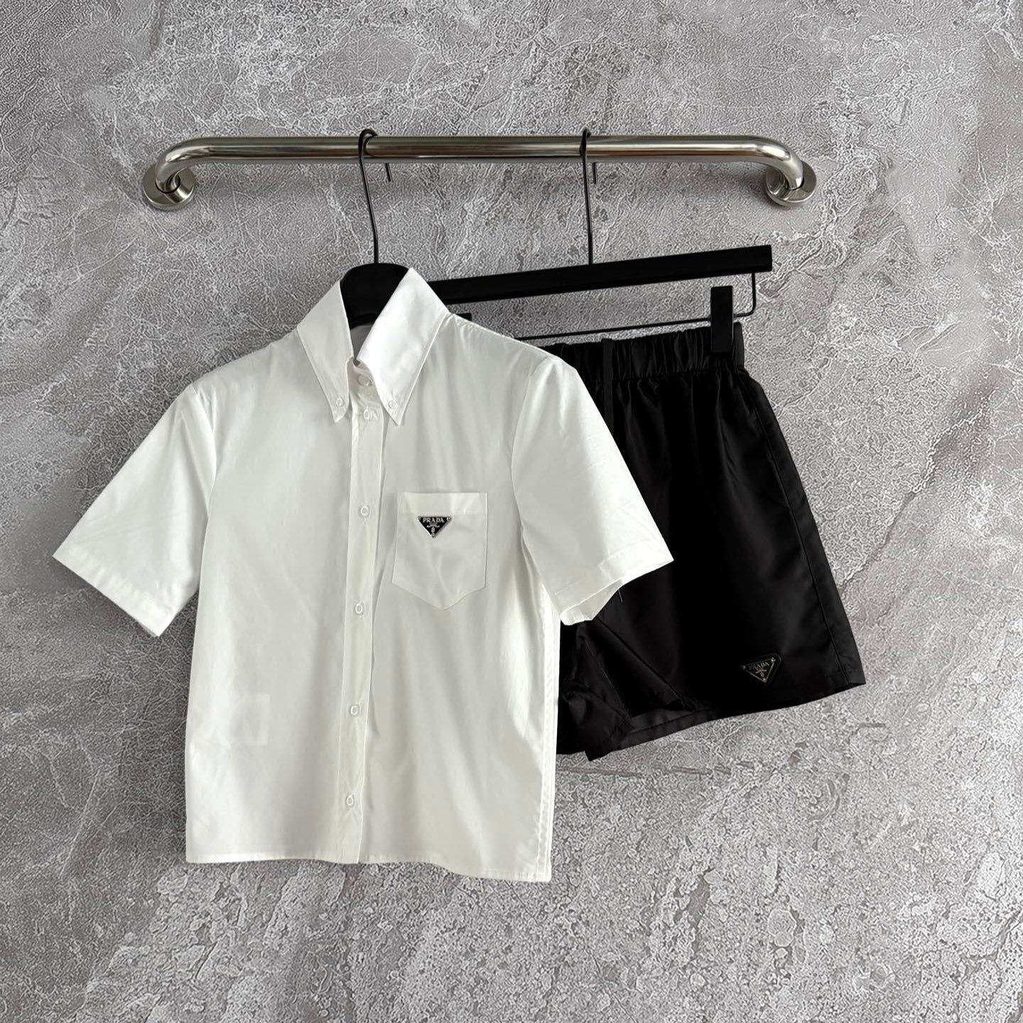 Prada Black nylon Short and White Shirt Set