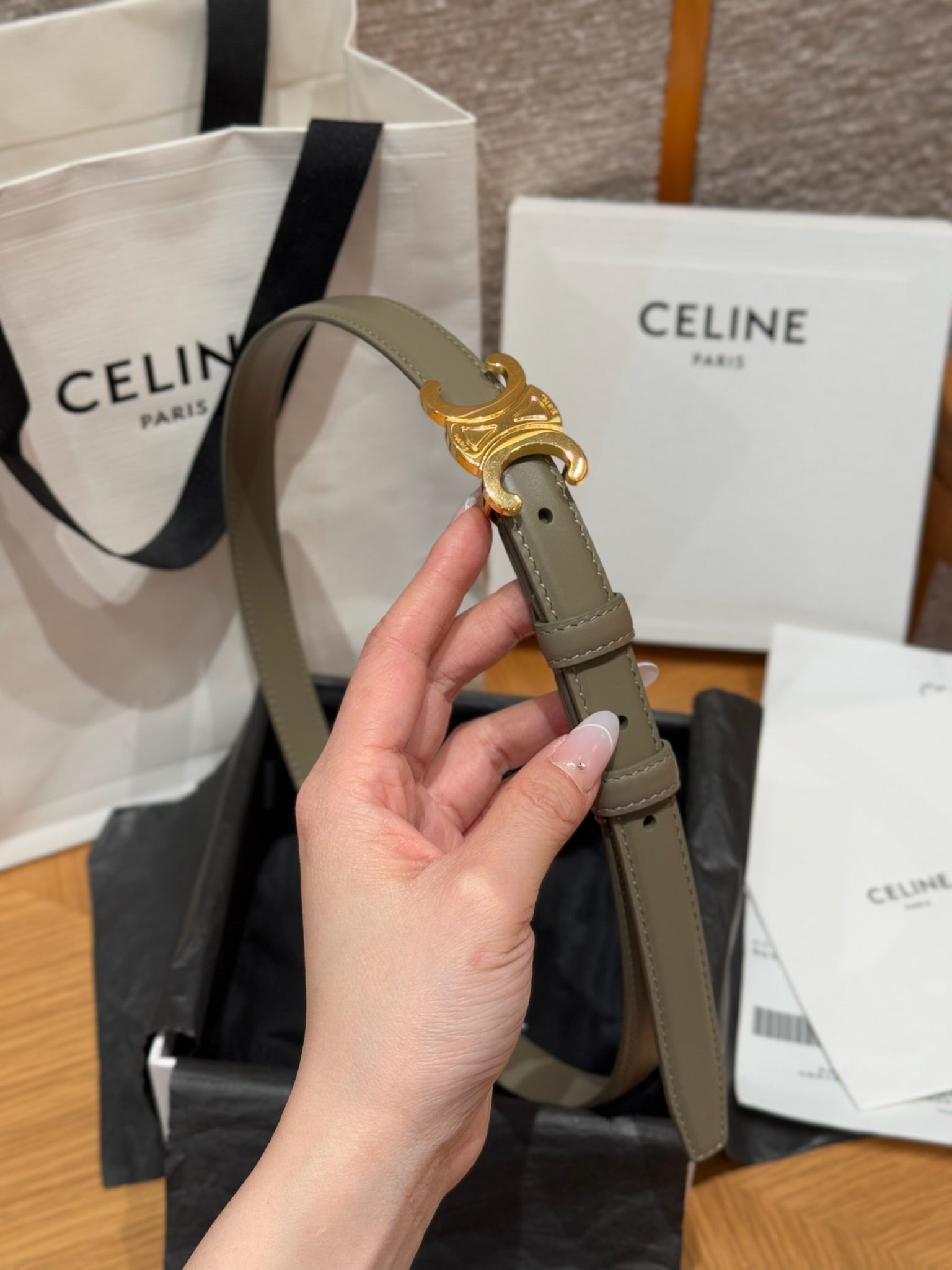 CEL Triomphe Belt 18mm Etoupe Gold Calfskin 187492