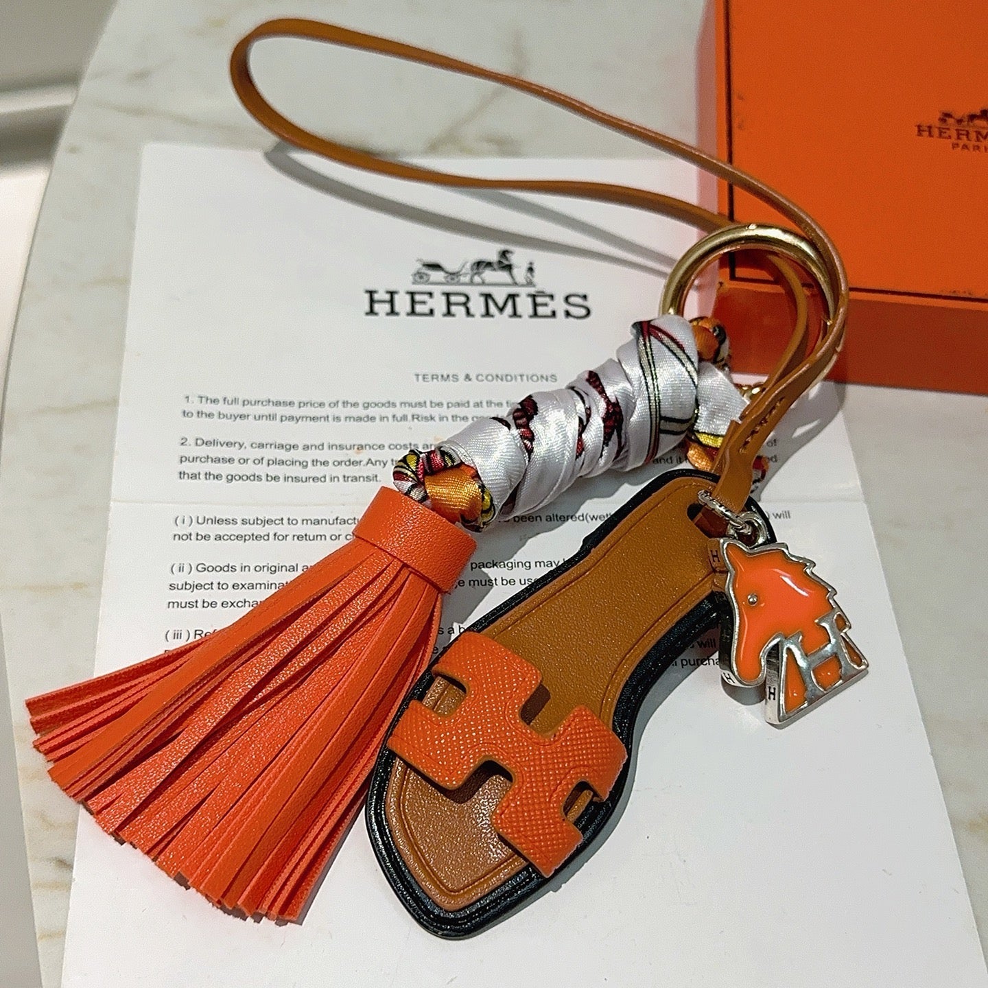 HM Brown Sandal With Twilly Scarf Charm With Orange Horse Head